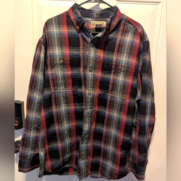 Duluth trading mens black/red/grey 100%‎ cotton plaid flannel shirt size large - Picture 1 of 3